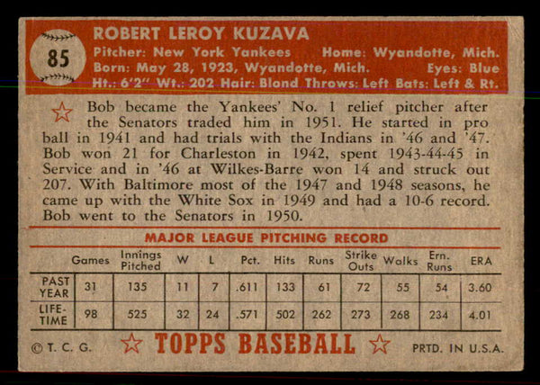 1952 Topps Baseball #085 Bob Kuzava Yankees VG-EX 544161