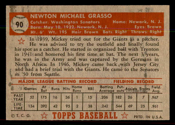 1952 Topps Baseball #090 Mickey Grasso Senators EX-MT 544165