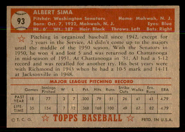 1952 Topps Baseball #093 Al Sima Senators EX-MT 544168