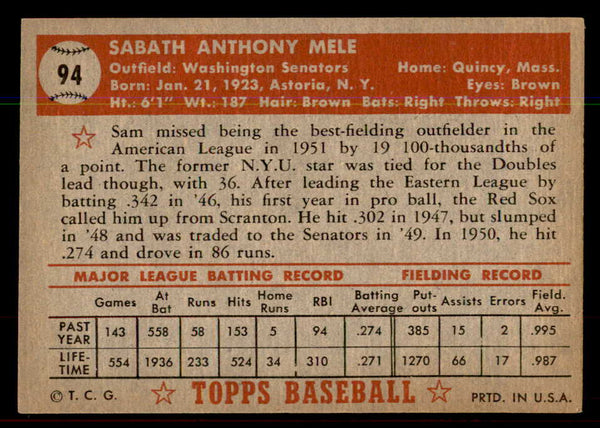 1952 Topps Baseball #094 Sam Mele Senators EX 544169
