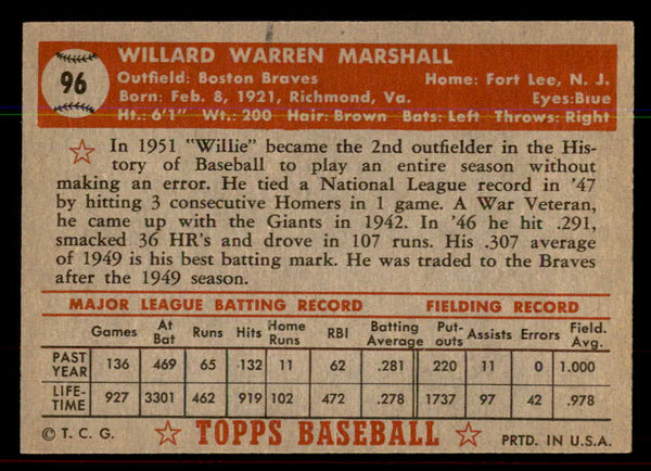 1952 Topps Baseball #096 Willard Marshall Braves EX-MT 544171