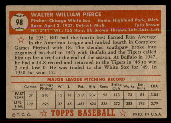 1952 Topps Baseball #098 Billy Pierce White Sox EX-MT 544173