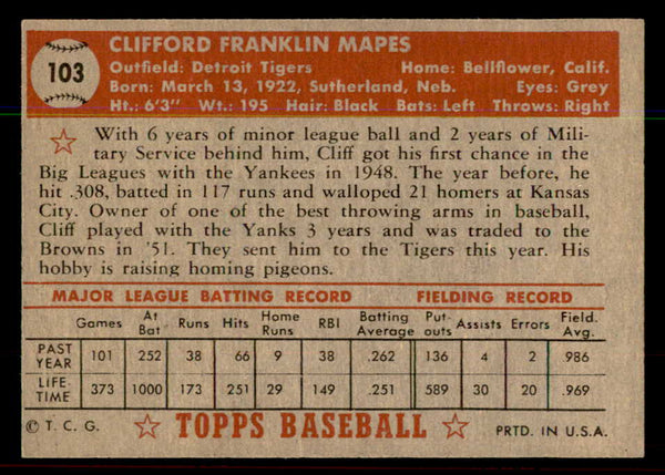 1952 Topps Baseball #103 Cliff Mapes Tigers EX-MT 544178