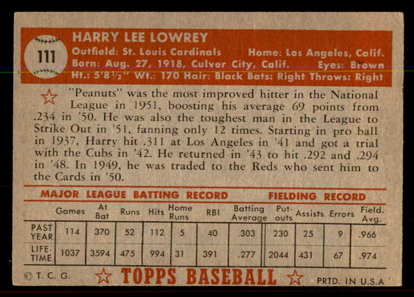 1952 Topps Baseball #111 Peanuts Lowrey Cardinals VG-EX 544186