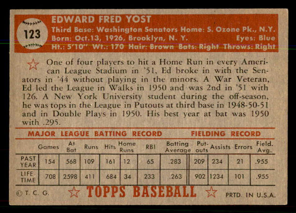 1952 Topps Baseball #123 Eddie Yost Senators EX-MT 544198