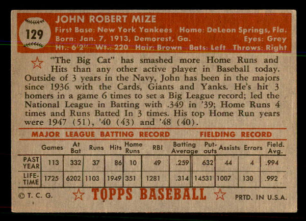 1952 Topps Baseball #129 Johnny Mize Yankees EX 544204