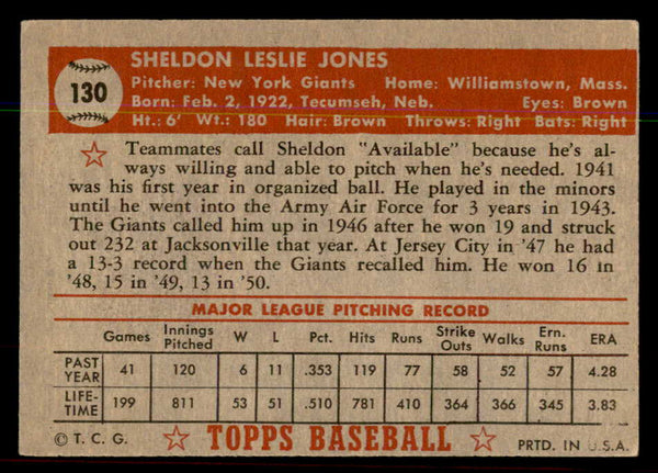 1952 Topps Baseball #130 Sheldon Jones Giants EX-MT 544205