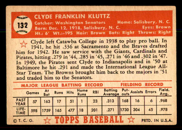 1952 Topps Baseball #132 Clyde Kluttz Senators VG-EX 544207