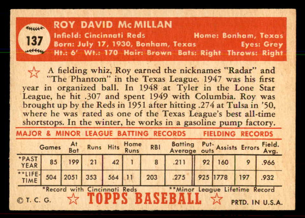 1952 Topps Baseball #137 Roy McMillan Reds EX-MT 544212