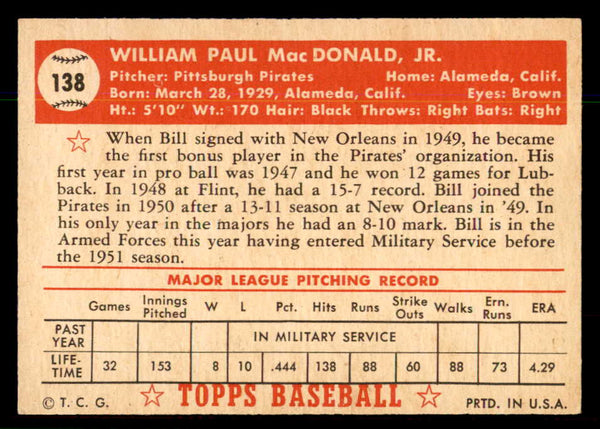 1952 Topps Baseball #138 Bill Macdonald Pirates VG-EX 544213