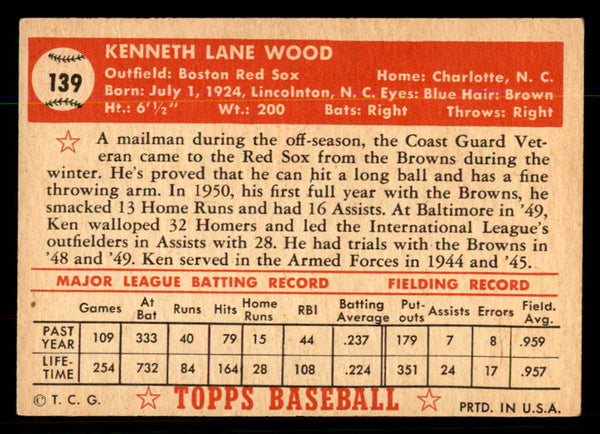 1952 Topps Baseball #139 Ken Wood Red Sox VG-EX 544214