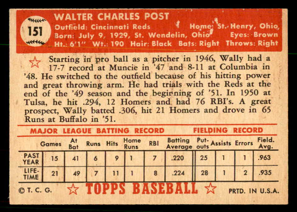 1952 Topps Baseball #151 Wally Post Reds VG-EX 544226