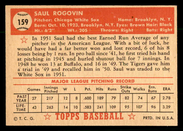 1952 Topps Baseball #159 Saul Rogovin White Sox EX-MT 544233