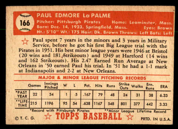 1952 Topps Baseball #166 Paul Lapalme Pirates VG-EX 544240
