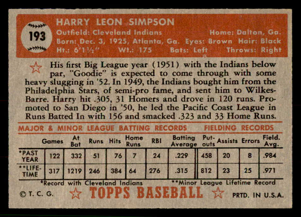 1952 Topps Baseball #193 Harry Simpson Indians EX-MT 544266
