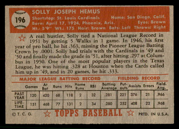 1952 Topps Baseball #196 Solly Hemus Cardinals EX-MT 544268
