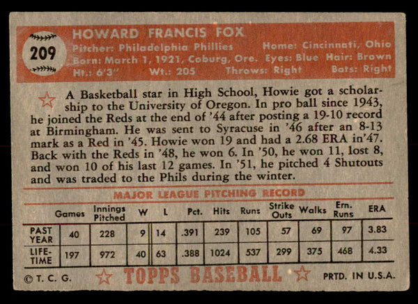 1952 Topps Baseball #209 Howie Fox Phillies VG-EX 544281