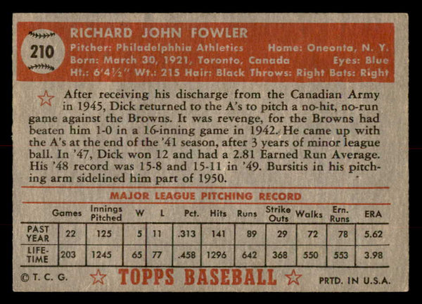1952 Topps Baseball #210 Dick Fowler A's EX-MT 544282