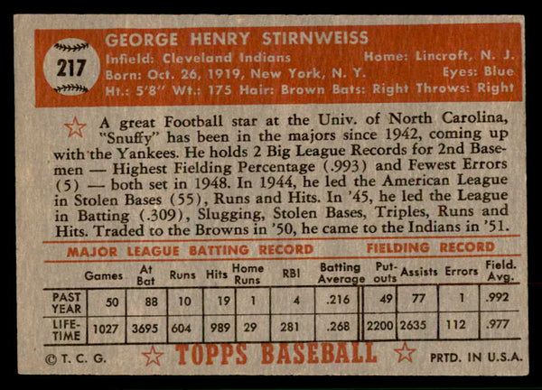 1952 Topps Baseball #217 Snuffy Stirnweiss Indians EX-MT 544288