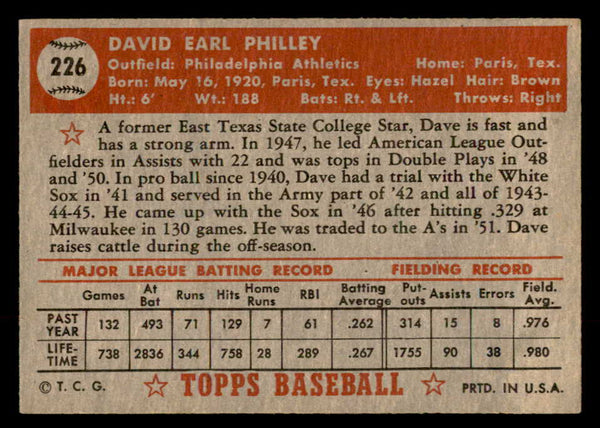 1952 Topps Baseball #226 Dave Philley A's EX-MT 544297