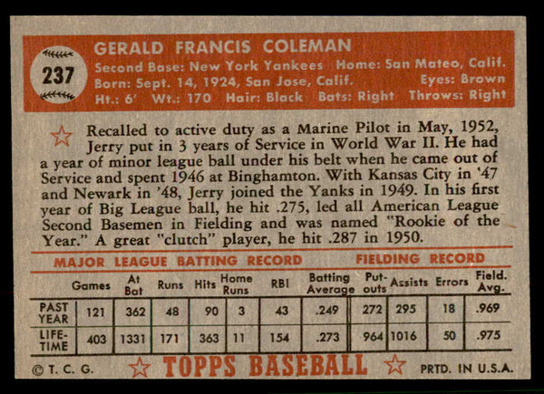 1952 Topps Baseball #237 Jerry Coleman Yankees EX 544307