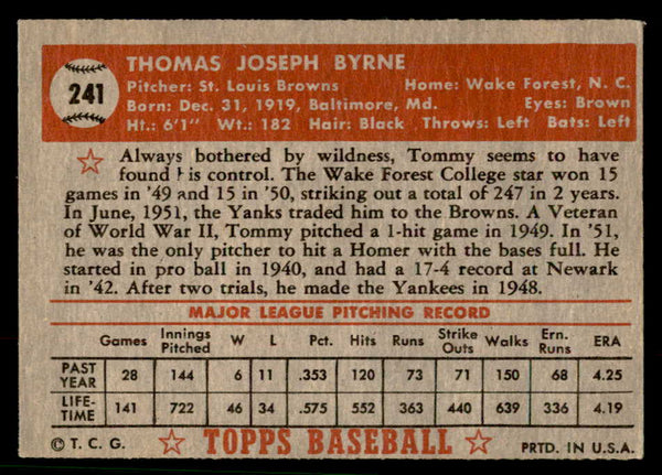 1952 Topps Baseball #241 Tommy Byrne Browns VG-EX 544311