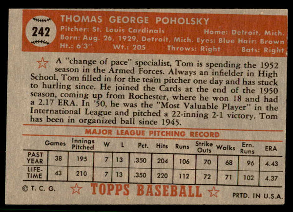 1952 Topps Baseball #242 Tom Poholsky Cardinals VG-EX 544312