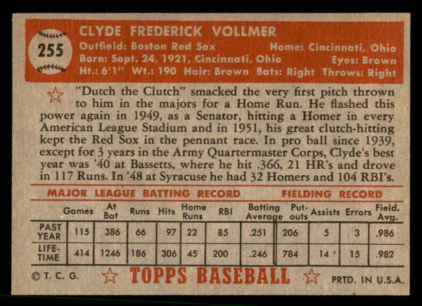 1952 Topps Baseball #255 Clyde Vollmer Red Sox EX-MT 544325