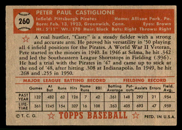 1952 Topps Baseball #260 Pete Castiglione Pirates EX-MT 544329