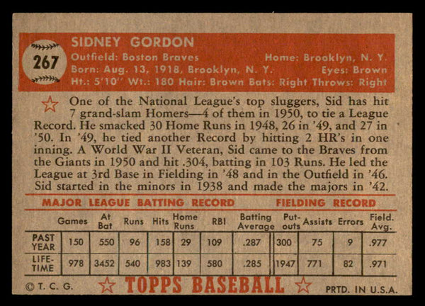 1952 Topps Baseball #267 Sid Gordon Braves EX-MT 544335
