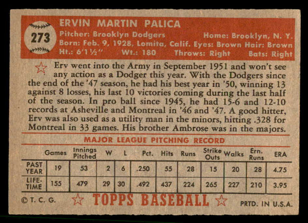 1952 Topps Baseball #273 Erv Palica Dodgers EX 544339