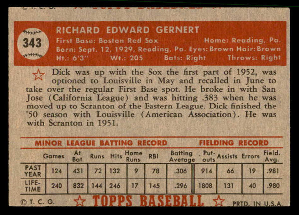1952 Topps Baseball #343 Dick Gernert Red Sox EX 544385