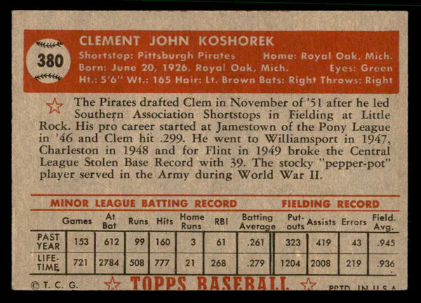 1952 Topps Baseball #380 Clem Koshorek Pirates EX 544395