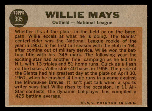 1962 Topps Baseball #395 Willie Mays A.S. Giants EX+/EX-MT 544579