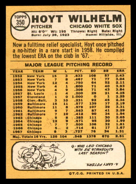 1968 Topps Baseball #350 Hoyt Wilhelm White Sox EX-MT 544636