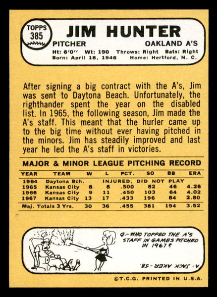 1968 Topps Baseball #385 Catfish Hunter A's EX+/EX-MT 544640