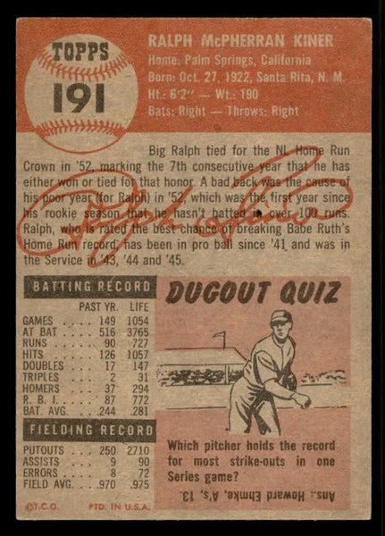 1953 Topps Baseball #191 Ralph Kiner Pirates EX 544684