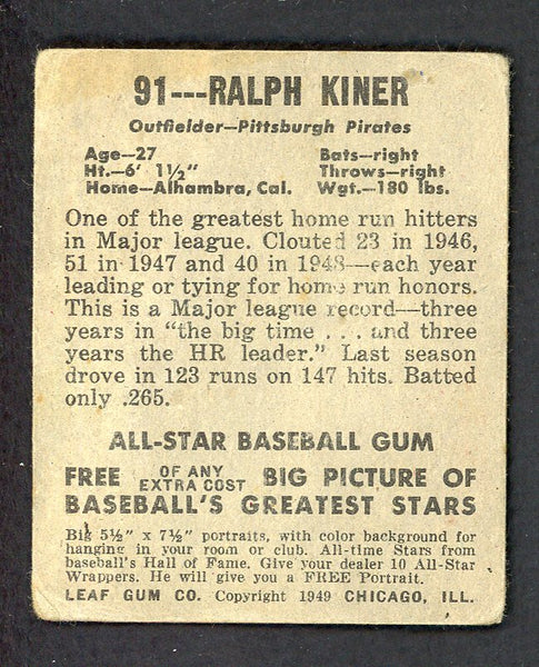 1948 Leaf Baseball #091 Ralph Kiner Pirates VG 544746