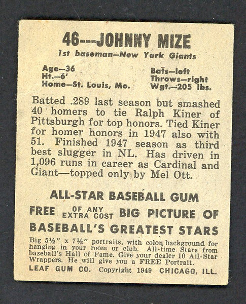 1948 Leaf Baseball #046 Johnny Mize Giants VG-EX 544748