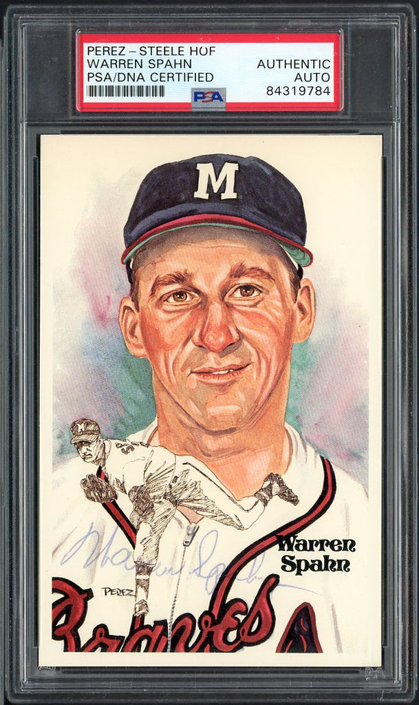 1981 Perez Steele Postcard Warren Spahn Braves PSA/DNA Signed 545120