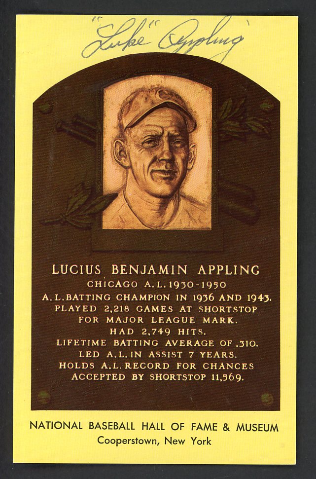 Yellow Hall of Fame Postcard Luke Appling White Sox Signed Autographed