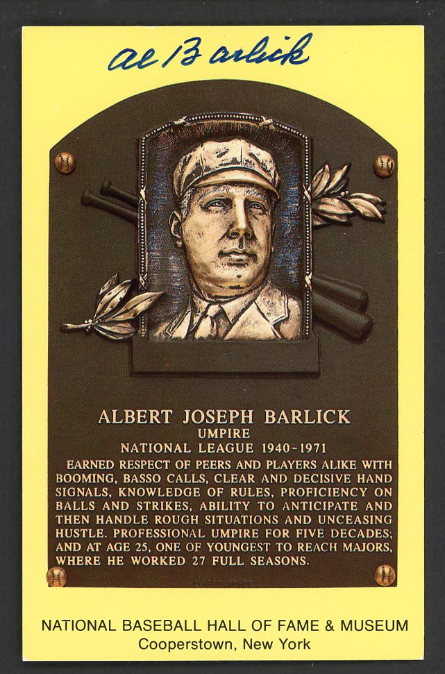 Yellow Hall of Fame Postcard Al Barlick Umpire Signed Autographed
