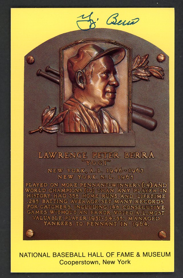 Yellow Hall of Fame Postcard Yogi Berra Yankees Signed Autographed