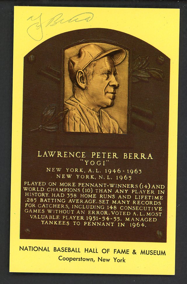 Yellow Hall of Fame Postcard Yogi Berra Yankees Signed Autographed