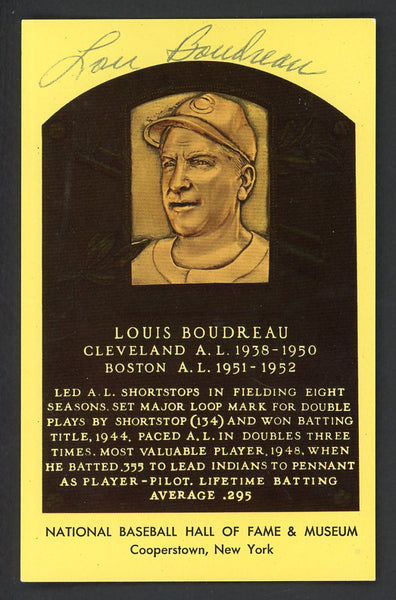 Yellow Hall of Fame Postcard Lou Boudreau Indians Signed Autographed