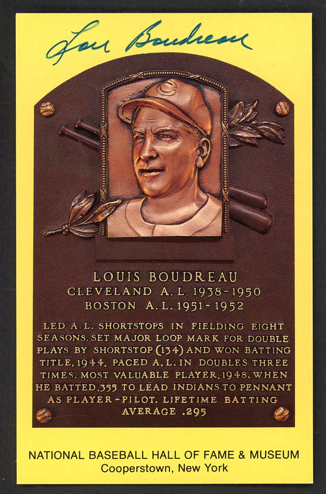 Yellow Hall of Fame Postcard Lou Boudreau Indians Signed Autographed
