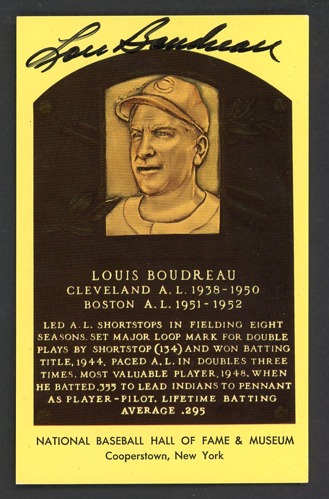 Yellow Hall of Fame Postcard Lou Boudreau Indians Signed Autographed