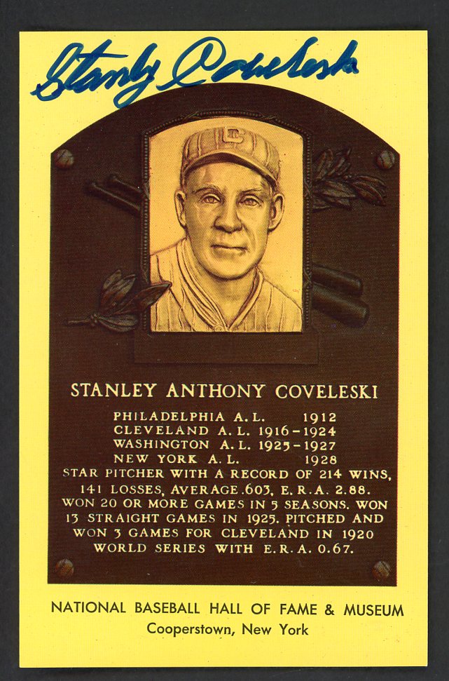 Yellow Hall of Fame Postcard Stan Coveleski Indians Signed Autographed