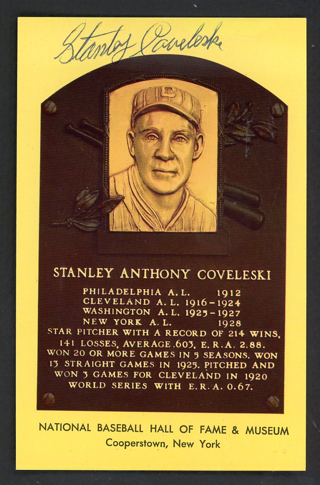 Yellow Hall of Fame Postcard Stan Coveleski Indians Signed Autographed