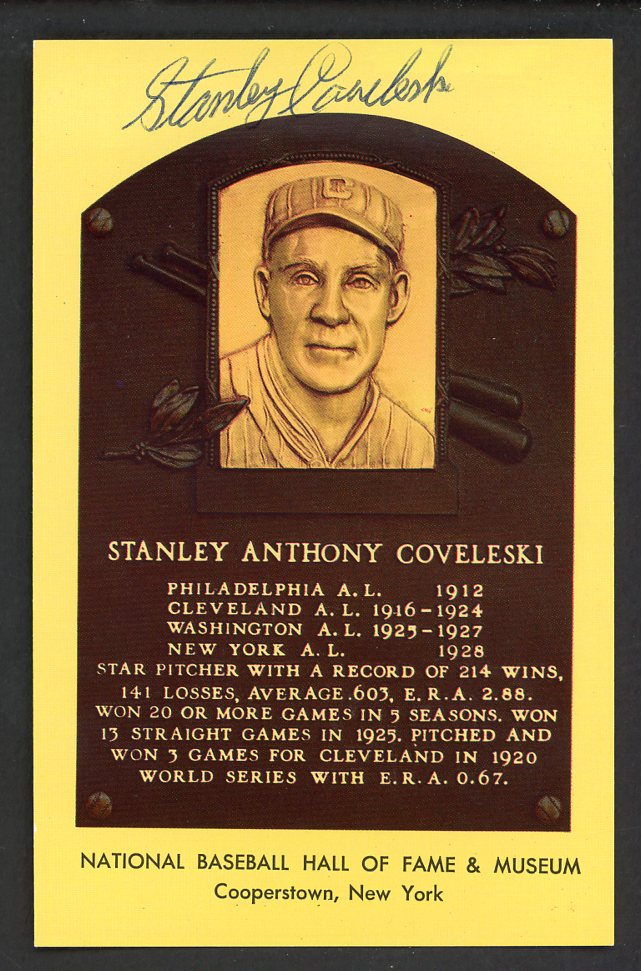 Yellow Hall of Fame Postcard Stan Coveleski Indians Signed Autographed